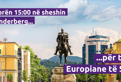 mage of Skanderbeg Square in Tirana, Albania, featuring the statue of Skanderbeg and the Albanian flag. The text reads: “Në orën 15:00 në sheshin Skënderberg… për të ardhmen Europiane të Shqipërisë!” (“At 3:00 PM in Skanderbeg Square… for the European future of Albania!”). The Volt logo is in the bottom left corner. This image invites people to a rally or event focused on Albania’s European future.