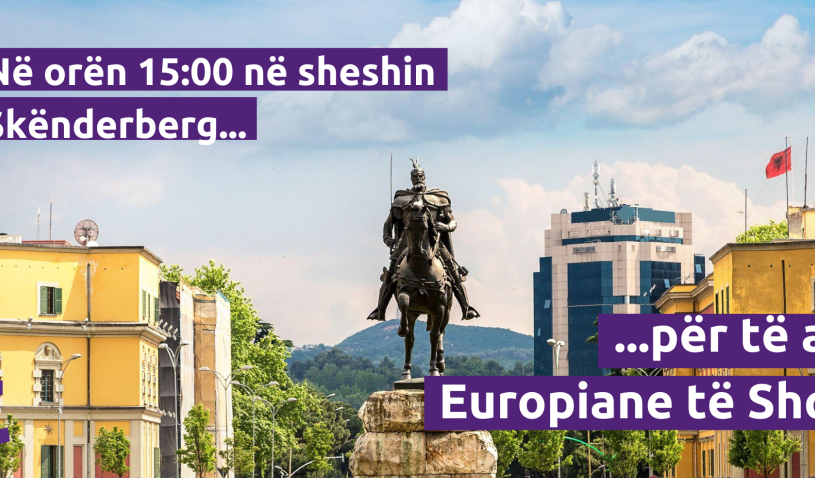 mage of Skanderbeg Square in Tirana, Albania, featuring the statue of Skanderbeg and the Albanian flag. The text reads: “Në orën 15:00 në sheshin Skënderberg… për të ardhmen Europiane të Shqipërisë!” (“At 3:00 PM in Skanderbeg Square… for the European future of Albania!”). The Volt logo is in the bottom left corner. This image invites people to a rally or event focused on Albania’s European future.